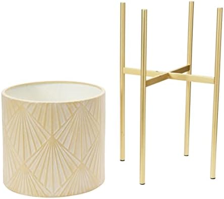 Main + Mesa Modern Boho Embossed Metal Planters with Stands, Cream and Gold, Set of 2 Sizes - Image 7