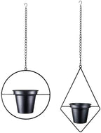 Modern Metal Hanging Planters Set of 2 - Round and Diamond Geometric Plant Hangers with 5 Inch Pots - Black Wall and Ceiling Mount Flower Holders for Indoor Houseplants, Boho Home Décor - Image 2
