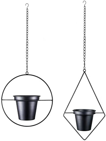 Modern Metal Hanging Planters Set of 2 - Round and Diamond Geometric Plant Hangers with 5 Inch Pots - Black Wall and Ceiling Mount Flower Holders for Indoor Houseplants, Boho Home Décor - Image 2