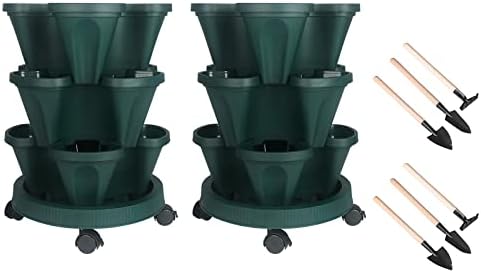 GameXcel Vertical Planter Tower - 3 Tier Stackable Garden Planters with Wheels and Tools Plant Pots for Strawberry Herb Flower and Vegetable Indoor Outdoor Use Green 2 Pack by GameXcel