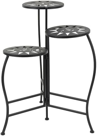 Deco 79 Metal Indoor Plantstand Folding 3 Tier Plant Shelf with Sun Face Cutouts, Plant Stand 18" x 18" x 24", Black by Unknown