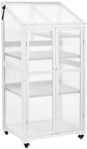 Wooden Greenhouse, Cold Frame Portable Greenhouse with Wheels and Adjustable Shelves for Indoor Outdoor Patio Balcony Garden, 31.5" Lx22.4 Wx62 H, Black (White) by Unknown