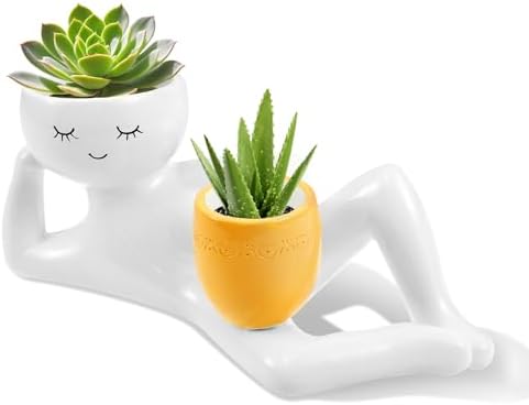 Lazy Guy Planter Resin Planter Pot Efficient Drainage Greenery Vase Container Easy Maintenance Ornament for Decor(White) by Unknown
