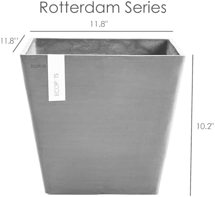 Ecopots Rotterdam Square Flower Planter, White Grey, 12" - Image 2