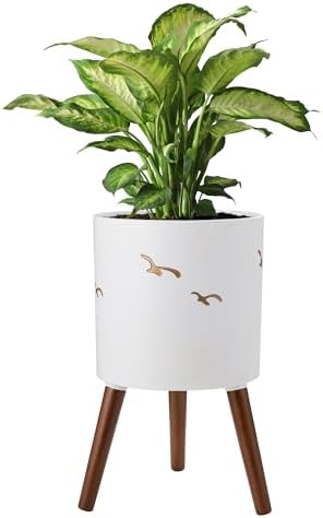 12 Inch Planter,Plant Pot with Stand for Indoor Plants,Large Modern Plant Pots with a Dove Pattern Indoor Outdoor with Drainage for Home Garden Patio,White and Gold by nacltlo