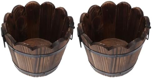 ARTIBETTER 2pcs Wood Vegetable Pot Barrel Planter Box with Handle, Medium Round Succulent Flower Planter for Outdoor Garden Patio, Carbonized Solid Wood Whiskey Barrel Decor by ARTIBETTER