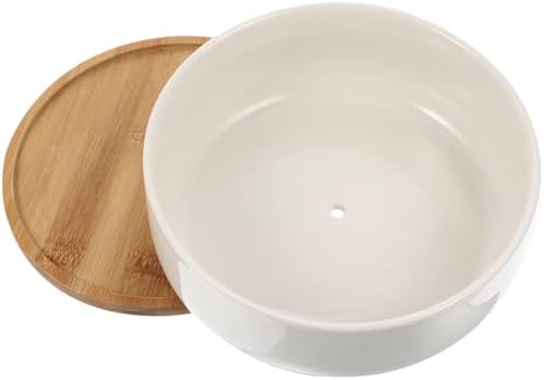 White Ceramic Succulent Plant Pot with Bamboo Tray and Drain Holes by Unknown