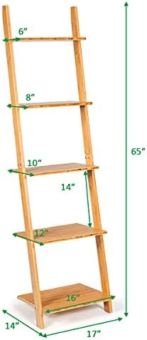 Tangkula Bamboo 5-Tier Ladder Shelf Bookshelf, Wall-Leaning Bookshelf, Plant Flower Stand, Storage Display Shelves for Living Room Bathroom Office, Multifunctional Ladder Bookcase (Natural) - Image 3