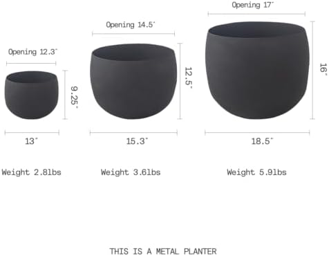 FAB HAB Eden Handmade Round Metal Planters in Midnight Finish – Set of 3 (13”, 15", 18”), Indoor/Outdoor, Lightweight with Drainage Holes - Image 3