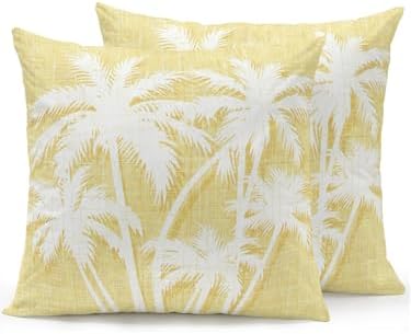 Tropical Palm Tree 18x18 Waterproof Outdoor Throw Pillows Set of 2 with Inserts, Vintage Yellow Exotic Botanical Plants Patio Decorative Cushions for Outdoor Sofa Porch Garden Furniture by Hokiten