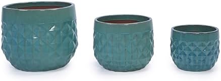 Modern Geometric Ceramic Planter Set of 3 for Indoor Outdoor Use, Diamond Textured Decorative Plant Pots with Drainage Hole for Garden Patio Windowsill Balcony Desk Shelf Home Décor Display (Blue) by Unknown