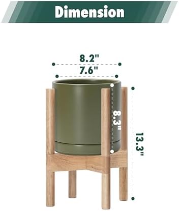 D'vine Dev Ceramic Pot with Natural Wood Stand, Olive, 8 in, 55-B-N-J - Image 3