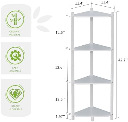 Wisuce Bamboo Small Corner Shelf Stand, 4-Tier White Corner Bookshelf - Image 2