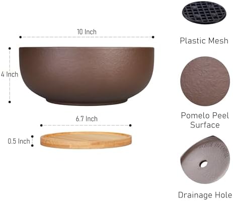SQOWL 10 Inch Large Terracotta Planter Pot,Clay Succulent Bonsai Planter with Drainage Hole and Bamboo Saucer for Indoor Plants - Image 2