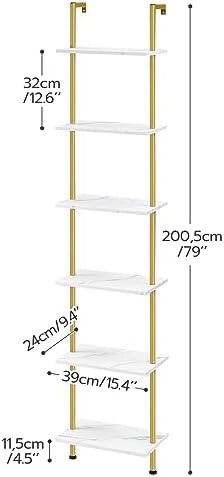 HOOBRO DIY Ladder Shelf, 6-Tier Wooden Wall Mounted Bookshelf, Narrow Gold Bookcase, Display Shelf, Storage Rack, Plant Stand, for Living Room, Bedroom, Study, Balcony, Marble and Gold DM651CJ01 - Image 3