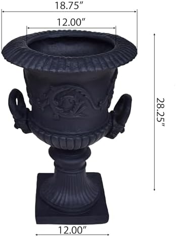 Black Urn Planter – Tall Outdoor Flower Pots with Roman Design, Magnesium Oxide Durable Material, Large Urn Planter for Indoor & Outdoor Plants - Image 2
