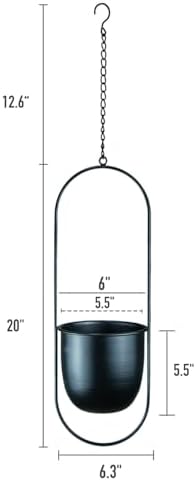 Modern Metal Hanging Planters with 6 Inch Pots and Sturdy Rods - Set of 2 Oval Geometric Plant Hangers - Black Wall and Ceiling Mount Flower Holders for Indoor and Houseplants - Image 2