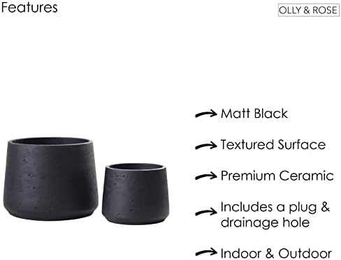 Olly & Rose Copenhagen Matt Black Ceramic Plant Pot Set of 2-9" and 6" Ceramic Cement Planters for Indoor & Outdoors Textured Effect - Large & Medium Plant Pots - Image 6