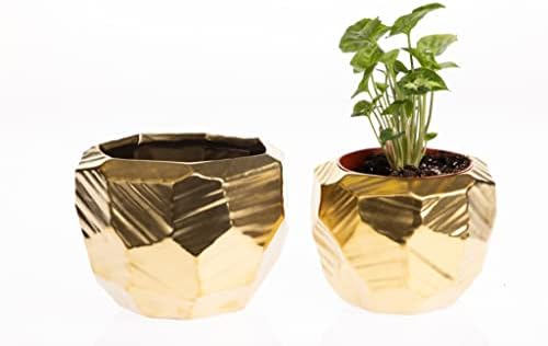 Gold Geometric Ceramic Pot for Plant and Flowers | Gold Ceramic Planter l Indoor and Outdoor Planter for Any Event Decoration (Gold (6” x 4.75”)) (CGB3905GD) - Image 5