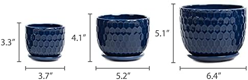 Ceramic Flower Pots with Drainage Hole and Saucer, North European Style Round Indoor Succulent Planters with Honeycomb Inspired Texture Design, Small to Medium-Sized, Set of 3, Navy Blue - Image 6