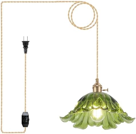 Plug in Pendant Light Fixtures,Hanging Light Fixture Corded On/Off Switch,11 inch E26 Green Glass Lampshade Pendant Lighting for Kitchen Island, Bedroom, Dining Room by Loiogohot