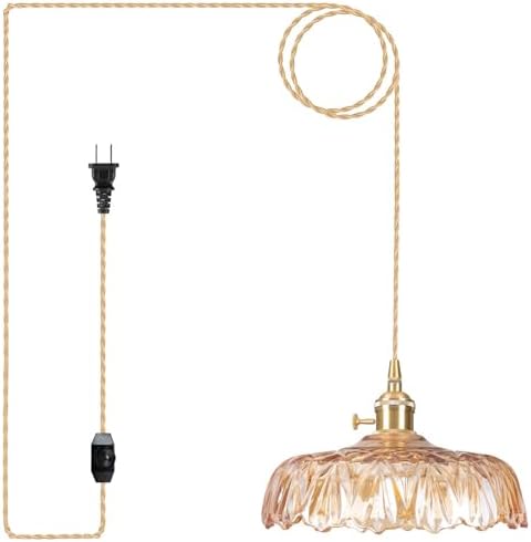Plug in Pendant Light Fixtures,Amber Glass Lampshade Pendant Lighting 9.4in E26 Hanging Light FixtureCorded On/Off Switch for Kitchen Island, Bedroom, Dining Room by Loiogohot