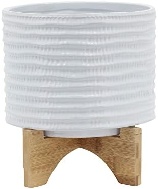 Ceramic Planter with Bamboo Stand – Modern Home Decor Indoor Plant Pot with Textured Stoneware Design – Decorative Planter with Legs for Living Room, Bedroom, Office, Patio, or Garden - 8", White by NESSANDJORD