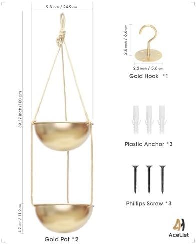 AceList 2 Pack Gold Hanging Planter for Indoor Plants - 9.8 Inch Boho Metal Plant Hanger Indoor with Hooks, Window Hanging Planters for Balcony and Ceiling - Image 2