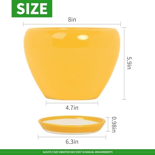 Deep Dream 8 Inch Plant Pots- Ceramic Pots for Plants with Drainage Hole and Saucer, Large Planter Pot for Indoor Plants Outdoor Decor, Yellow - Image 2