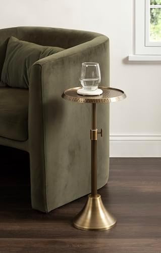 Kate and Laurel Sanzo Traditional Adjustable-Height Pedestal Drink Table, 11 x 11 x 30, Antique Brass, Vintage Round Indoor Metal Cocktail Table with Hammered Tabletop for Use as Indoor Plant Stand - Image 2