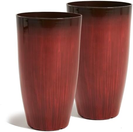 Worth Garden 23.5" H. Large Plastic Planters - Set of 2 Gradient Red Glossy Smooth Finish - Tall Plant Pots for Indoor & Outdoor Use - Decorative Lightweight Flower Pots for Front Porch, Patio, Deck by WORTH