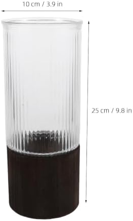 Glass Tube Vase with Wood Stand, Striped Cylinder Decor - Image 2