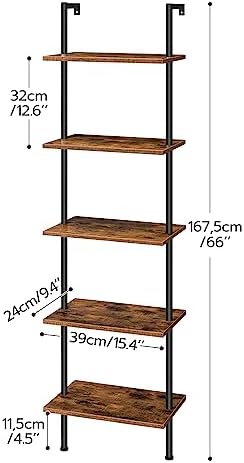 HOOBRO DIY Ladder Shelf, 5-Tier Wooden Wall Mounted Bookshelf, Narrow Bookcase, Display Shelf, Storage Rack, Plant Stand, for Living Room, Bedroom, Study, Balcony, Rustic Brown and Black BF531CJ01 - Image 3