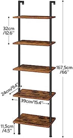 HOOBRO DIY Ladder Shelf, 5-Tier Wooden Wall Mounted Bookshelf, Narrow Bookcase, Display Shelf, Storage Rack, Plant Stand, for Living Room, Bedroom, Study, Balcony, Rustic Brown and Black BF531CJ01 - Image 3