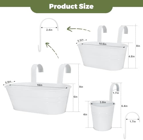 3 Different Size Metal Iron Hanging Flower Pots 10 Pcs for Outdoor Plants Metal Hanging Bucket Pots Iron Railing Fence Planter with Drainage Holes and Hooks for Porch Railing Balcony Fence (White) - Image 3
