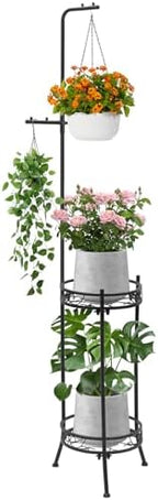 CZWL&HG Hanging Plant Stand Adjustable 2-Tier 72" Metal Shelf -Tall Indoor/Outdoor Plant Rack with Hangers for 4 Potted Flowers, Corner Shelf for Living Room & Patio (Black) by CZWLHG
