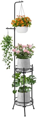 CZWL&HG Hanging Plant Stand Adjustable 2-Tier 72" Metal Shelf -Tall Indoor/Outdoor Plant Rack with Hangers for 4 Potted Flowers, Corner Shelf for Living Room & Patio (Black) by CZWLHG