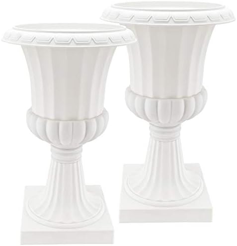 Arcadia Garden Products Plastic Garden Pedestal Urn, Set of 2 Classic Decorative Garden Pot Planter for Indoor and Outdoor Plants, 10” x 17”, White by Unknown