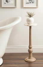 Kate and Laurel Wegner Transitional Wood and Marble Round Drink Table; 8 x 8 x 23; White Marble and Light Natural Wood; Modern Pedestal Table for Use as Indoor Plant Stand or Decorative Mini Table - Image 2
