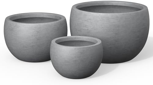 Kante Set of 3 Pale Gray Concrete Bowl Round Planters for Modern Home by Unknown