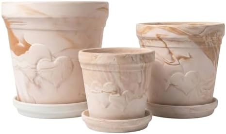 Set of 3 Unglazed Terracotta Plant Pots with Saucers, 6/8/10 Inch Embossed Heart Breathable Planters, Macchiato Marbled Pots for Indoor Outdoor Plants, Root Rot Prevention - Image 2