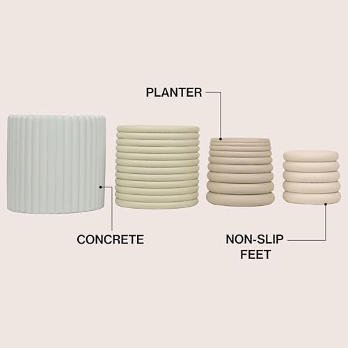 JONATHAN Y Silas Modern Minimalist Handmade Concrete Fluted Sculptural Cylinder Planter Set with Drainage Holes, Matte Soft Neutral (Set of 4) (PLN1000A-4SET) - Image 4