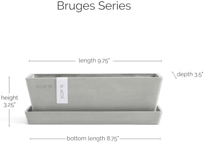 Ecopots Bruges Rectangular Flower Planter with Saucer, White Grey, 10" - Image 2