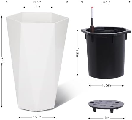 22.5 Inch Tall Planters Set of 2, Outdoor Planters Self Watering Plant Pots with Water Level Monitor, Multiple Drainage Holes, Flower Pots for Patio, Porch, Living Room, or Home Office, White - Image 5
