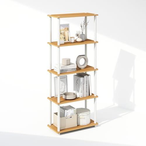 Furinno Turn-N-Tube Book Shelf, 5-Tier Bookshelf, Bookcase with Multipurpose Compact Display Rack, 11.6 x 23.6 x 57.4, for Living Room, Bedroom, Home Office, Beech/White by Furinno-FitsYourSpaceFitsYourBudget