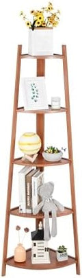5-Tier Corner Shelf Stand, Tall Wood Shelf, Bookshelf for Living Room, Bedroom, Office, Plant Display, Rustic Brown Freestanding Triangle Storage Rack by DRDINGRUI