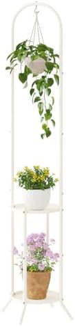 Metal Plant Stand 2-Tier with Hanging Hook, Indoor Outdoor Plant Shelf for Multiple Plants,Heavy Duty Steel (Cream) by Wieghda
