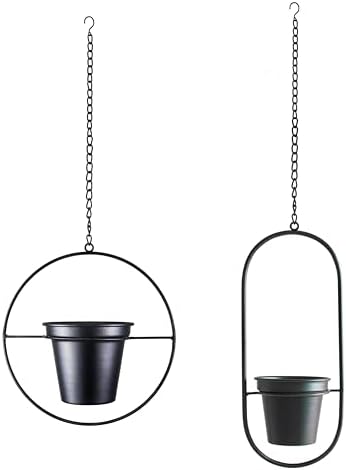Modern Metal Hanging Planters Set of 2 - Round and Oval Geometric Plant Hangers with 5 Inch Pots - Black Wall and Ceiling Mount Flower Holders for Indoor and Covered Outdoor Décor - Image 6