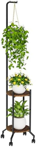 VyGrow Plant Stand Indoor, 2 Tier Hanging Tall Plant Shelf with Wheels, 3 Potted Corner Flower Stand Metal Plant Holder, Plant Shelves for Living Room, Bedroom, Patio, Outdoor, Black by VyGrow