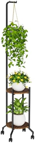 VyGrow Plant Stand Indoor, 2 Tier Hanging Tall Plant Shelf with Wheels, 3 Potted Corner Flower Stand Metal Plant Holder, Plant Shelves for Living Room, Bedroom, Patio, Outdoor, Black by VyGrow